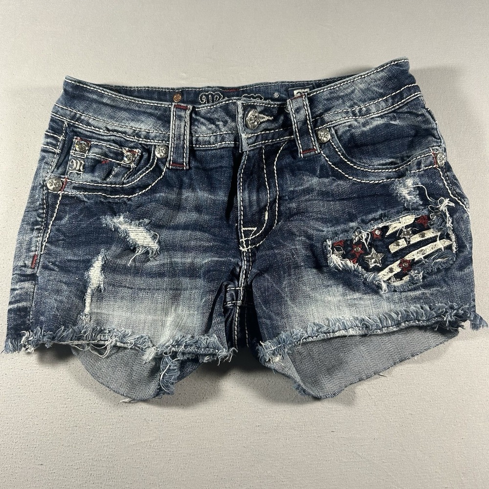 Womens Miss Me Whiskered Fringed Patriotic Flag Denim Shorts Low Rise 27 EUC